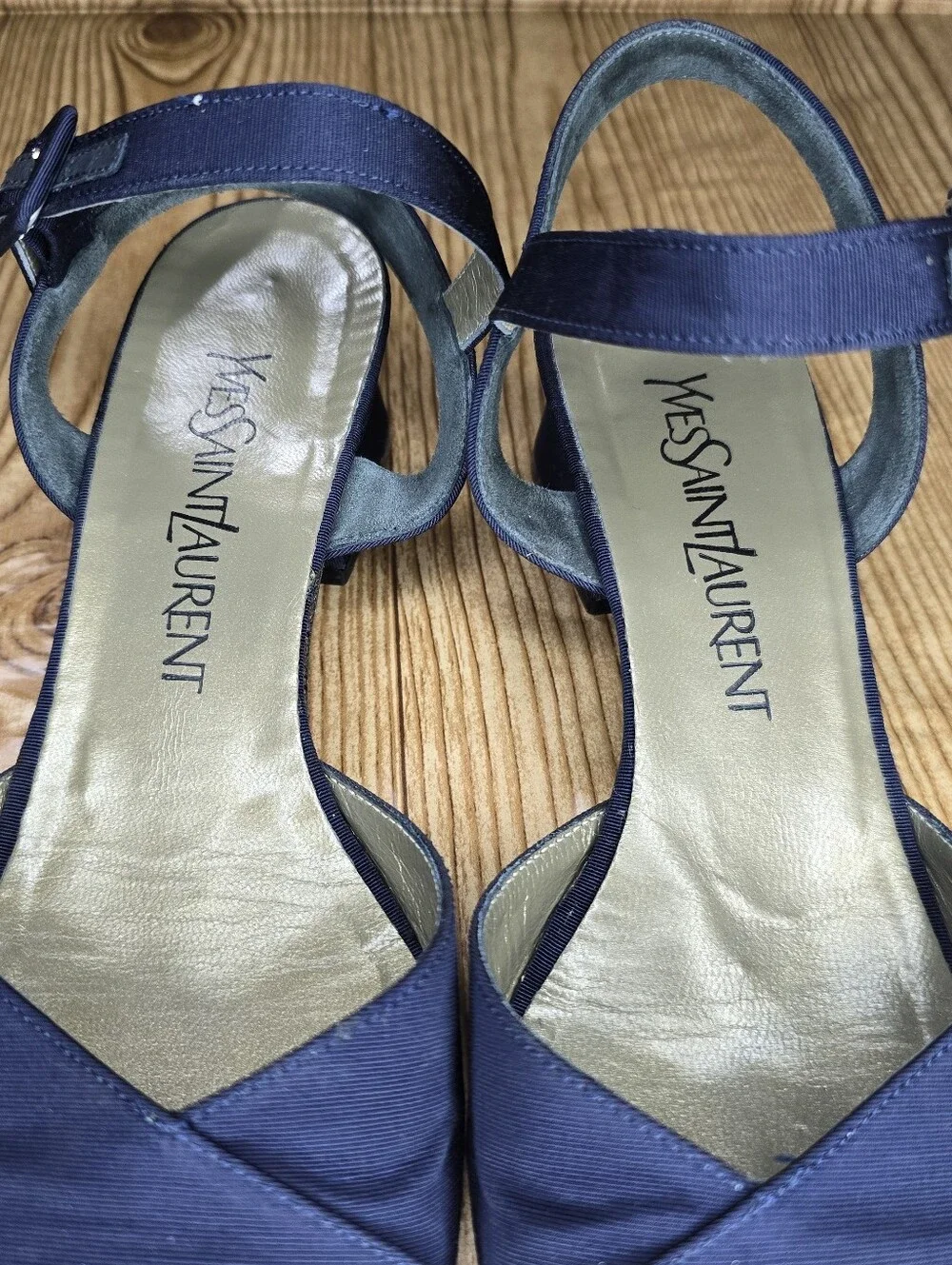 Yves Saint Laurent Navy Low Block Heels with Ankle‎ Strap Size 7.5